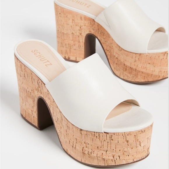 SCHUTZ Dalle Cutout Sandals Cream Cork Block Heel Platform Mules Shoes Size 9.5 - Picture 6 of 12